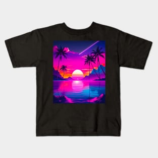 Vaporwave Retro Sunset Palm Trees Shooting Star - PanfurWare LLC Kids T-Shirt